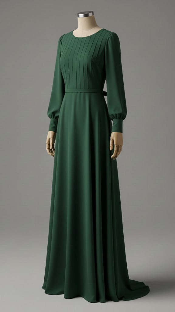 Forest Green Pleated Modest Dress