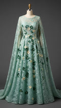 Mint Floral Lace Cape Gown