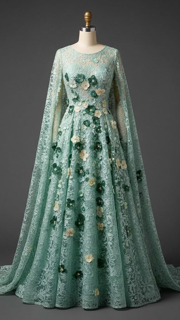 Mint Floral Lace Cape Gown
