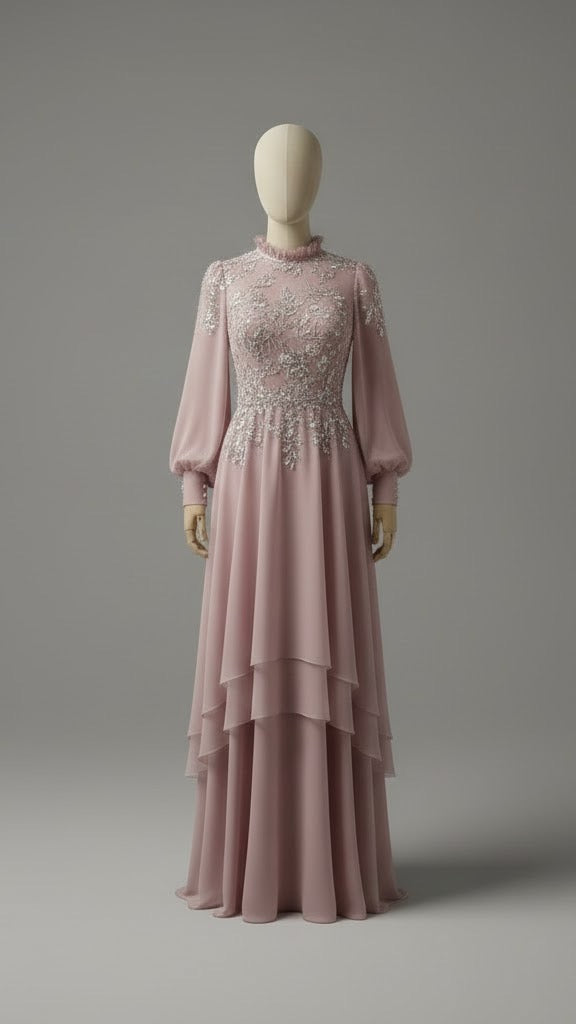 Blush Pink Layered Chiffon Embellished Gown