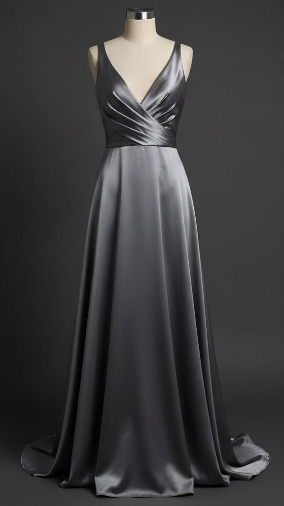 Charcoal Silver Satin Evening Gown