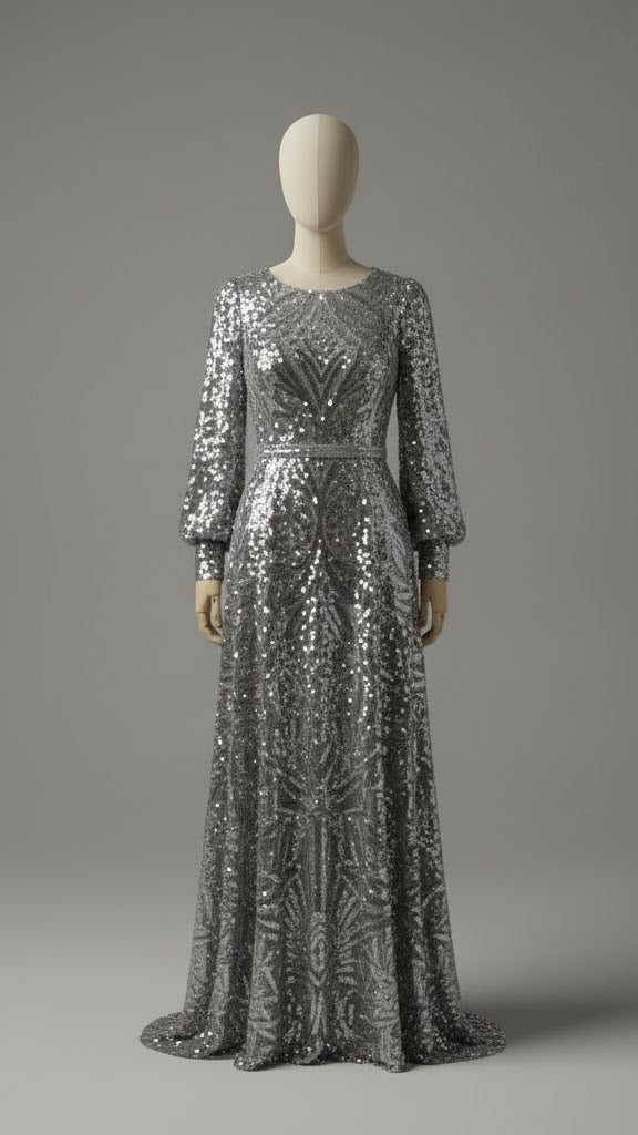 Silver Sequin Embellished Evening Gown
