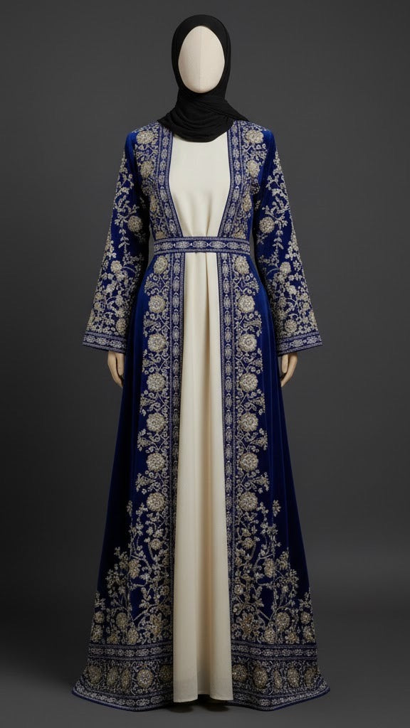 Royal Blue Velvet Embroidered Open Abaya