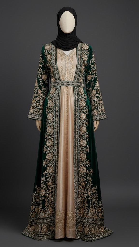 Emerald Green Velvet Embroidered Abaya