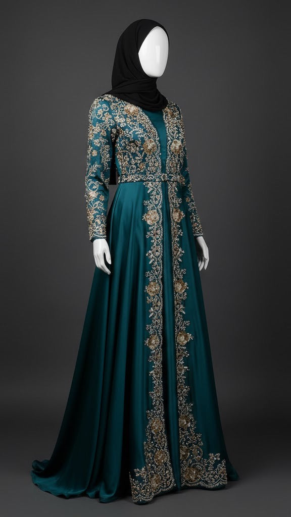 Teal Embroidered A-Line Abaya