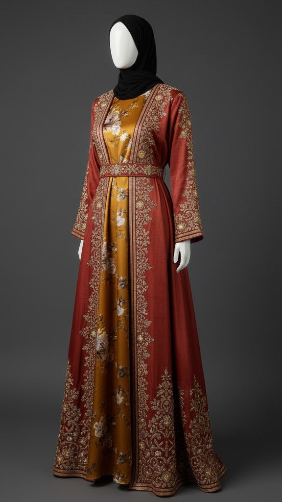 Rust & Mustard Floral Layered Abaya