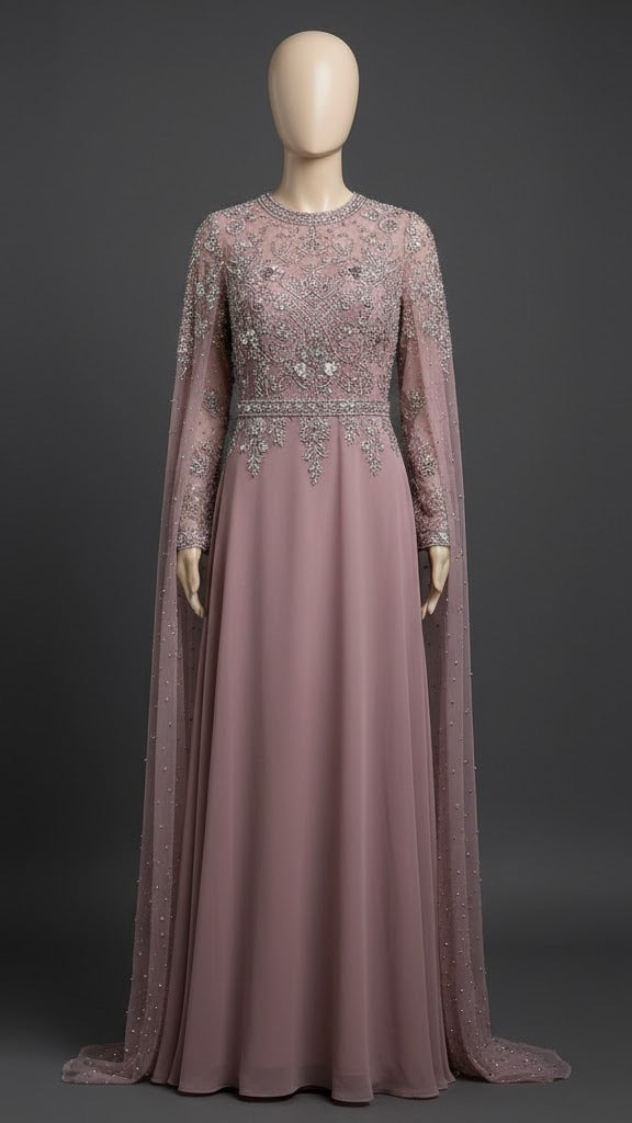 Blush Pink Crystal-Embellished Cape Gown